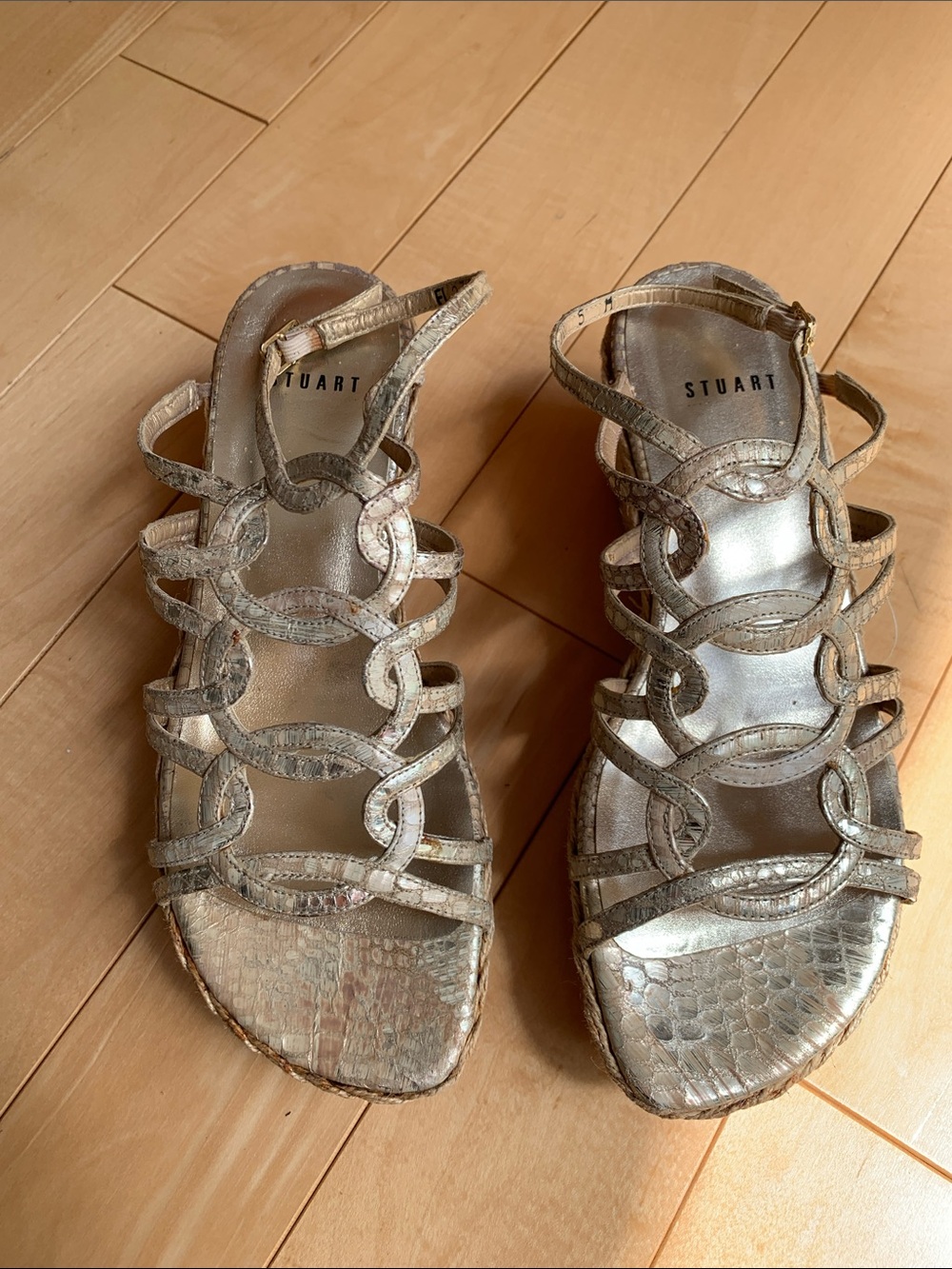 Stuart Weitzman Metallic Gold Snake-Embossed Strappy Sandals